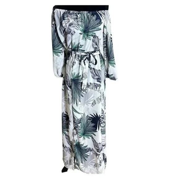 Boho Tropical Palm Print Off Shoulder Tie Maxi Dress 3/4 Sleeve S White Green - Picture 9 of 12